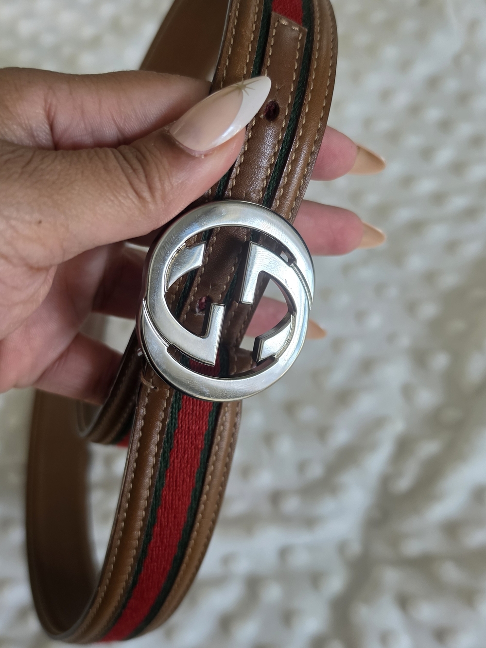 Gucci Brown Leather Web Stripe Belt with Silver Double G Buckle